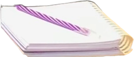 O bloco de notas dela, com a caneta em cima.